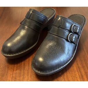 Born Black Leather Clogs Womens 10M Slip On Double Buckle Comfort Shoes